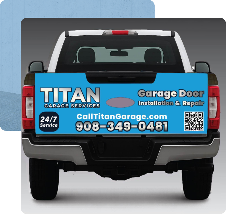 Titan Garage Services truck with branded wrap advertising 24/7 emergency garage door repair in New Jersey
